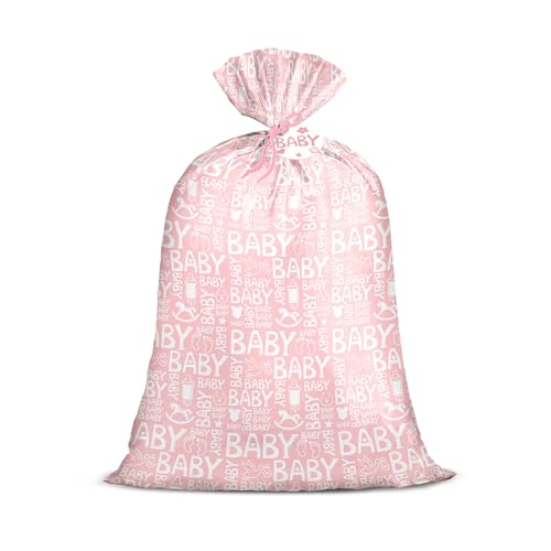 Loveinside Pink Jumbo Large Plastic Gift Bag Baby Girl Design Plastic Bag with Tag and Tie for Birthday Baby Shower and Holiday 56 x 36 1 Pcs