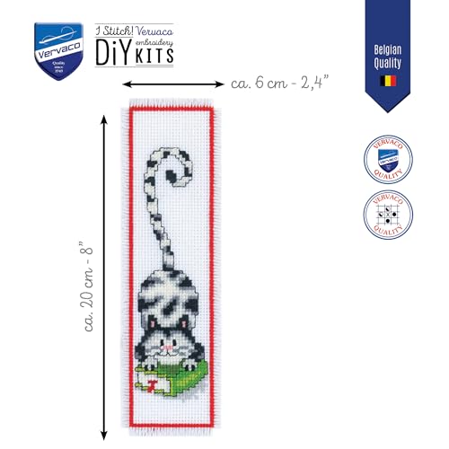 Image of Vervaco Cross Stitch Embroidery Kit for Adults, Set Pre-Printed with Design on 100% Cotton Fabric, Templates 2,4 x 8 Inches - 6 20 cm, Bookmark Kit, Cat & Book