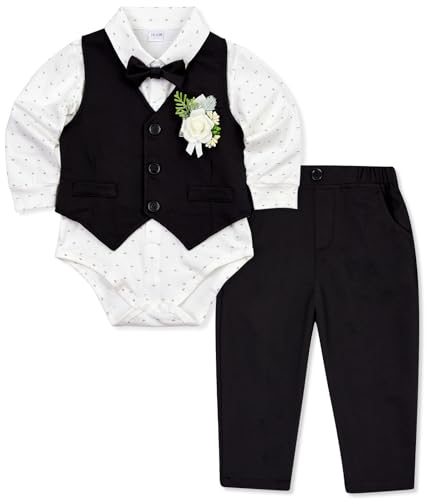 HOZIY Baby Boy Suits Infant Gentleman Outfit Collared Shirt+Vest+Tie+Corsage+Pants 5Pcs Baptism Wedding Sets for 0-24 Months