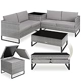 tectake® Salottino in Rattan, Set da Giardino con 2 Sofà e Tavolo con Lastra in Vetro, Box Contenitore, Cuscini Spessi, Telaio in Acciaio, Intreccio in Polyrattan, Set Di Mobili da Giardino - Nero