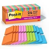 Post-it Super Sticky Notes, 3x3 in, 24 Pads, 2x the Sticking Power,Energy Boost Collection, Bright Colors (Orange, Pink, Blue, Green), Recyclable