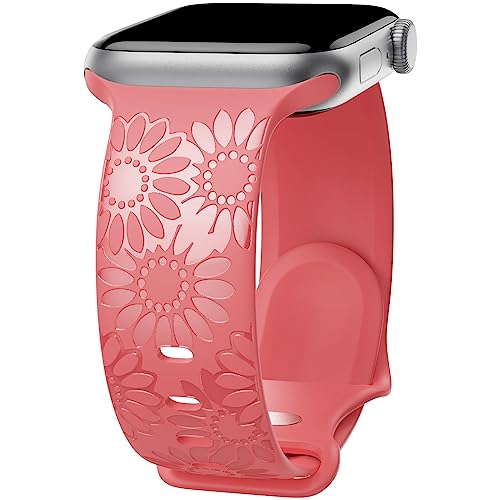 Image of Sunflower Engraved Band Compatible with Apple Watch Bands 38mm 40mm 41mm 42mm 44mm 45mm 49mm Women, Designer Soft Glossy Floral Silicone Strap for iWatch Series Ultra 11 10 9 8 7 6 SE 5 4 3 2 1