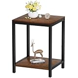 SAYGOER Wood End Tables Small Side Table with Storage Night Stand Metal Frames 2 Tier Bedside Table with Adjustable Feet, 1PCS, Walnut