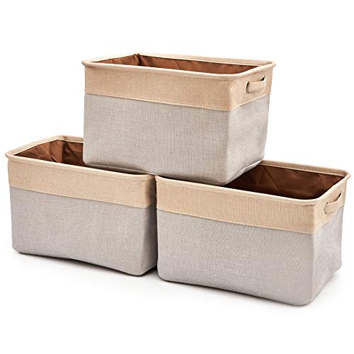 EZOWare 3 Pcs Caja de Almacenaje, Cestas Organizador de Tela Plegable con Manijas para Hogar, Oficina, Estanterías, Armarios, Ropa, Juguetes y mas - 38 x 27 x 24cm - Gris Claro/Beige