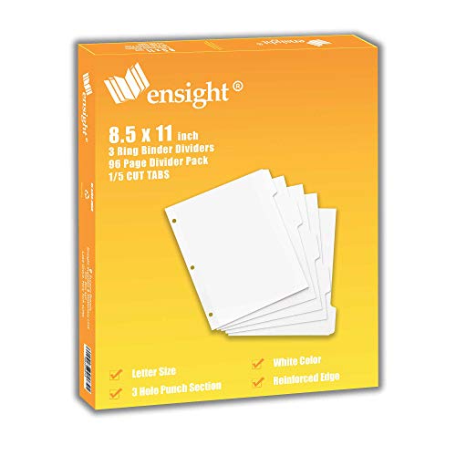 ensight 3 Ring Binder Dividers with Reinforced Edge, 1/5 Cut Tabs, Letter Size, 3 Hole Punch Section Index Dividers for Binders, White, 100 Page Divider Pack