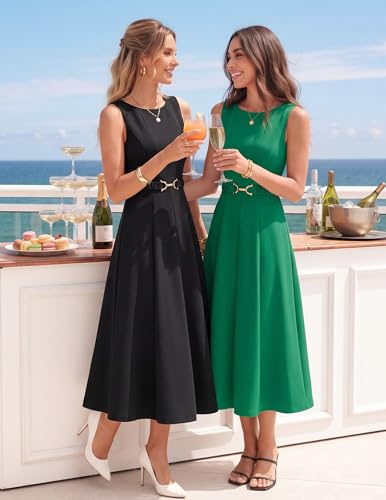 Image of ZESICA Women Summer Sleeveless Midi Dresses 2026 Elegant Boat Neck A Line Tie Waist Spring Cocktail Party Dress
