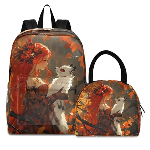 Backpack Lunch Box Set Large Capacity Travel Backpacks and Insulated Lunch Bag for Commute Hiking Picnic Woman and Fox Print