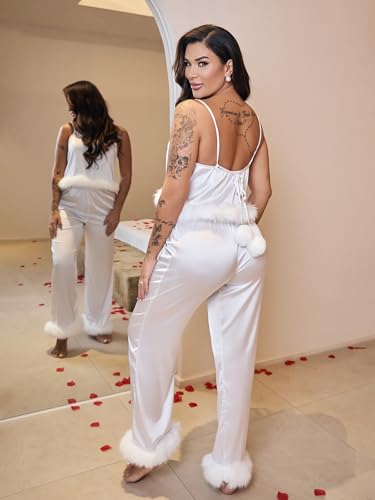 Luxury Satin Pajama Set with Fur Trim 2 Piece White Bridal Sleepwear4