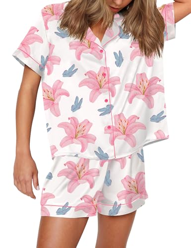 Image of SHESHOW Satin Pajamas for Women Set Preppy Animals Pjs Short Sleeve Shorts 2 Piece Loungewear Sets XS-XXL