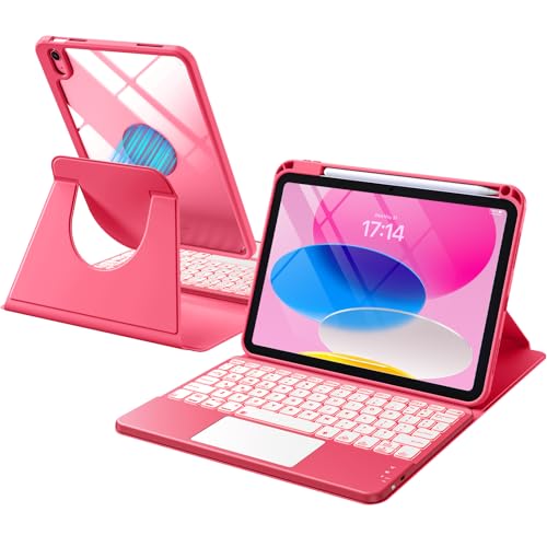 Harvopu for iPad 10th/11th Generation A16 Case with Keyboard 360 Rotation Detachable Cover with Pencil Holder Multi-Touch Trackpad 7 Colors Backlit Keyboard for iPad (A16)/10th Gen (Pink)