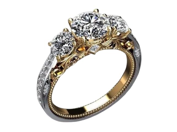 925 Sterling Silver Antique Lab Created Diamond Three Stone Wedding 14K Two Tone Gold Plated Ring Gift for Her