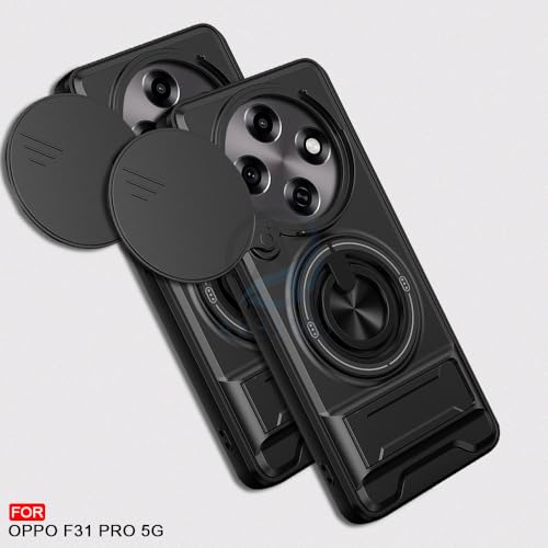 Image of AESTMO Oppo F31 Pro 5G Back Cover | Armor Camera Slider 360 Degree Rotating Finger Ring Holder Case with Bracket Stand Back Case Cover for Oppo F31 Pro 5G (Compatible with MagSafe Accessories) (Black)