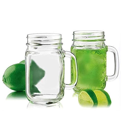 Image of 500 ml Glass Mason Jar, Juice Soft Cold Drinks Mason Mug with Handle and Green Apple Lid and Straw, Transparent (2)