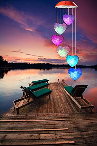 Amazing Wind Chime,Color Changing Pink Heart Solar Wind Mobile Chimes Lights Hanging Wind Bell Light Night Hanging lamp for Patio Garden Lighting Home Decoration with Spinning Hook