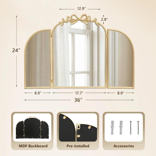 Image of Besdomus Bow 3 Way Vanity Mirror: 36 inchx24 inch Gold Large Vintage Trifold Mirror | French Antique Metal Framed - Large Three Sided Dresser Mirors for Bedroom /Dressing Room /Cloakroom - Home Decor for Housewife
