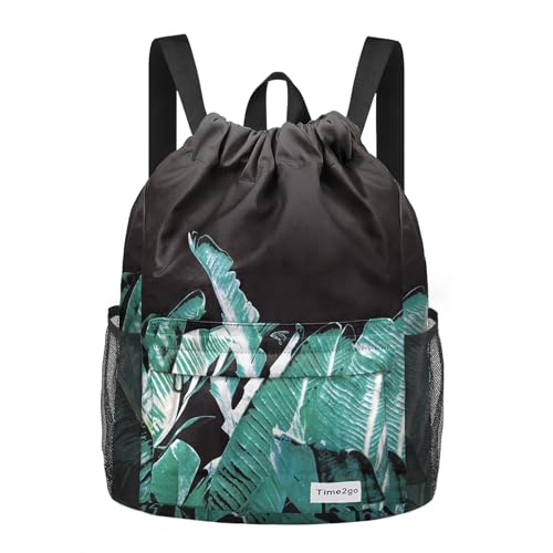 time2go Waterproof Drawstring Backpack Sports Gym Sackpack with Mesh Pockets Water-Resistant String Cinch Beach Bag for Men Women