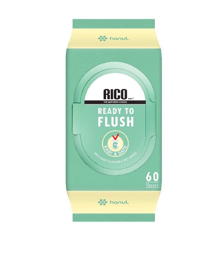 Rico Baby Ready to Flush, Hecho en Corea, Toallitas Húmedas de Bebé Desechables por el Inodoro (1 x 60 Unidades), 99.9% Agua, 100% Libre de plástico, sin Fragancia, hipoalergénicas para Piel Sensible