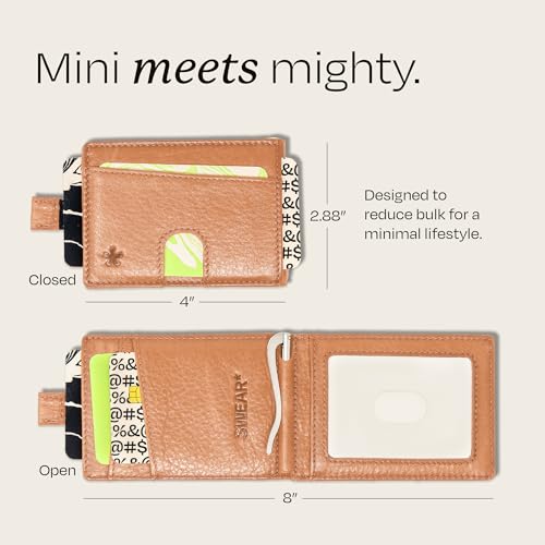 Image of Swear Brands Full Grain Leather Wallet with RFID Blocking & Money Clip - Minimalist Bifold Wallet Holds 12 Cards - Easy Access Pull Tab - Ethically Sourced (Tan)