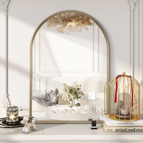 Image of Bathroom Arched Wall Mirror Brushed Metal Vanity Wall Mounted Mirror for LivingRoom Bedroom Entryway Room Vanity Home Decor 26 inchx18 inch