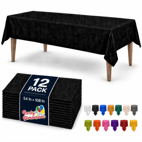 Image of Party Dimensions Black Plastic Tablecloths, 12 Pack, 54 x 108 Rectangle | Disposable Waterproof Plastic Table Cover for Birthdays, Weddings, Graduations, Picnics & BBQs, Indoor Outdoor, 6-8 ft Tables