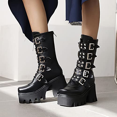 Vomira Platform Boots Goth Shoes For Women Round Toe Studded Mid Calf Boots Back Zipper Chunky High Heel Gothic Punk Boots #TOP3