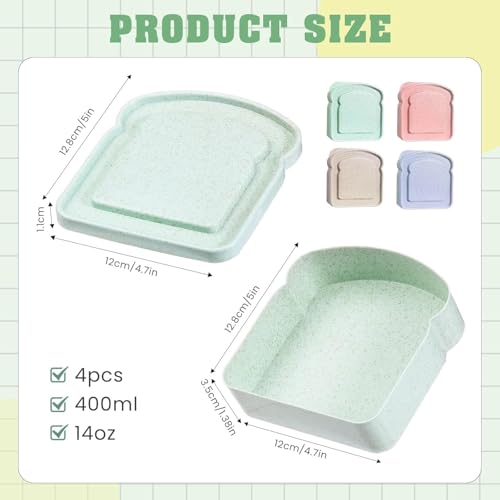 Image of 4 Pack Sandwich Containers for Lunch Boxes, Reusable Sandwich Bread Box Container for Adults, Large Travel Bento Sandwich Holder Box with Lid, BPA Free, 14 oz