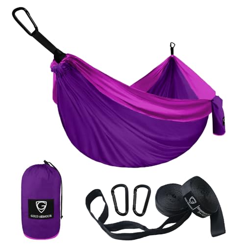Gold Armour Camping Hammock - Portable Hammock Single Hammock Camping Accessories Gear for Outdoor Indoor Adult Kids, USA Based Brand (Purple and Fuchsia)