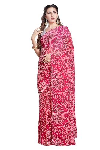 Image of RANI SAAHIBA Women's Bandhej Printed Chiffon Saree Without Blouse