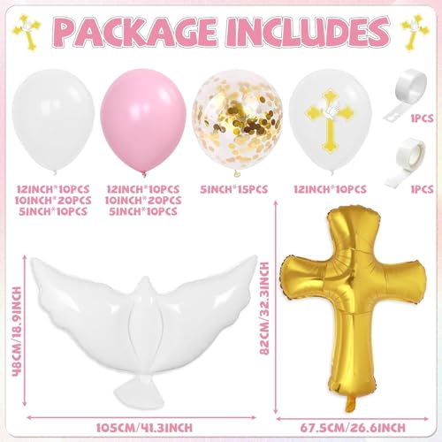 Image of 132Pcs God Bless Baptism Pink Balloon Garland Arch Kit First Holy Communion Decoration Christian Religious Decor Cross Dove Balloon Girl Mi Bautizo Christening Birthday Baby Shower Party Supplie