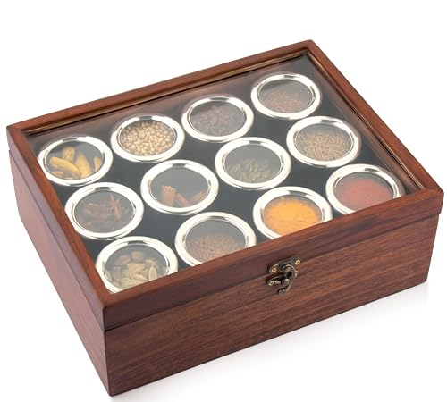 Image of STEEPLE Premium Wooden Masala Box 12 in 1 with Stainless Steel See-Through Containers | Handmade Spice Box Organizer | Wooden Masala Dabba for Kitchen Storage (Brown, 175 ml Each)