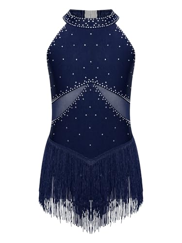 Vxuxlje Mädchen Fransen Tanzkleid Strass Eiskunstlauf Kleid Ärmellose Latein Salsa Tanzanzug Trikotanzug Tanzkostüm Turnanzug Gymnastikanzug Navy blau 146-152