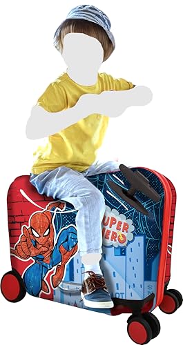 Fast Forward Marvel Spiderman Ride-On Kids Suitcase - 18" Tow-Along Toddler Luggage - Carry-On Cute Bag with Wheels 18"x10"x14.5"4