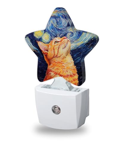 Image of Cat Starry Night Night Lights Plug Into Wall Decorative,Oil Painting Nightlight with Dusk Sensor for Bathroom,Kitchen,Entryway,Room Accent,Gifts