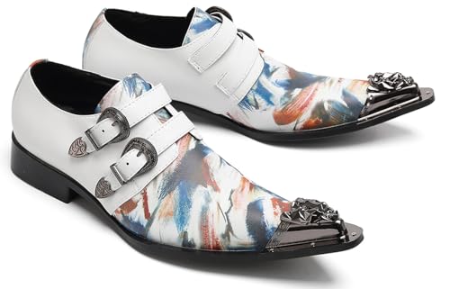 Santimon Men’s Double Monk Strap Loafers Party Dress Leather Shoes with Artistic Print & Metal Toe – Slip-On Buckle Colorful Loafers for Wedding Stage Bar4