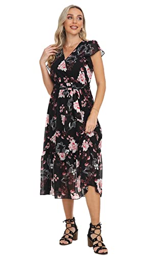 Image of VintageClothing Womens Sundress Casual Floral Summer Boho Dress | Flowy Wrap V Neck Ruffle A-Line Pleated Hem Midi Dresses