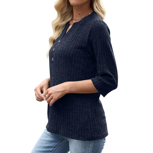 3/4 Sleeve Sweaters for Women Button V Neck 2025 Fall Outfits Casual Loose Lightweight Knit Pullover Top3