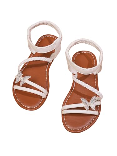 GORGLITTER Girl's Sandals Dressy Leather Butterfly Braided Rhinestone Glitter Summer Beach Ankle Strap Flat Sandals
