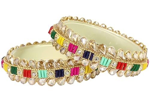Image of NMII Glass Golden Zircon Stone & Kundan Beads Kada Set For Women & Girls | Fancy Design Kada Bangles | Traditional Look Kangan | Glass Bangles For Women Wedding, Party, Function, Daily use