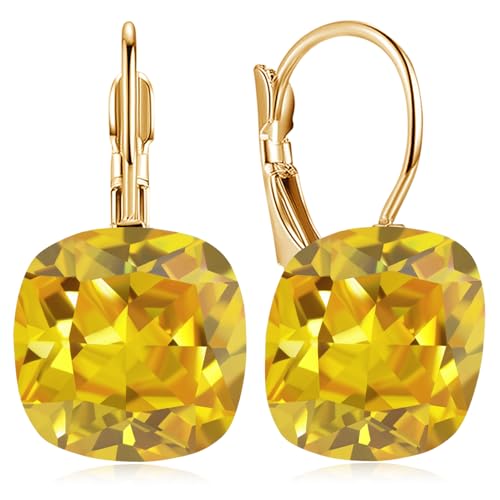 JIMARIN Sparkly Crystal Square Leverback Earrings Rhinestone Geometry Dangle Drop Earrings For Women Brides Bridesmaids Weddings (Yellow)