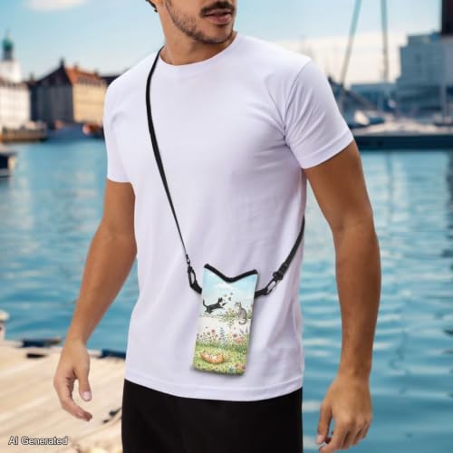 Image of Small Phone Bag Water-Resistant Crossbody Pouch with Adjustable Strap Cellphone Case Mini Satchel Fits Most Phones for Casual, Beach, Travel, Cartoon Cat Flower Blue Green