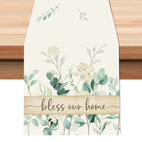 Bonhause Eucalyptus Leaves Table Runner 13x72 Inch Green Plants White Flowers Spring Summer Seasonal Holiday Kitchen Dining Table Decoration for Indoor Outdoor Home Party Decor