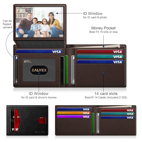 Image of Wallet for Men Slim RFID Blocking Leather Credit Card Holder Wallet for 14 Cards, Bifold Minimalist Thin Wallet with 2 ID Windows & Cash Slot, Front Pockt Carteras Para Hombres, Birthday Gifts for Men