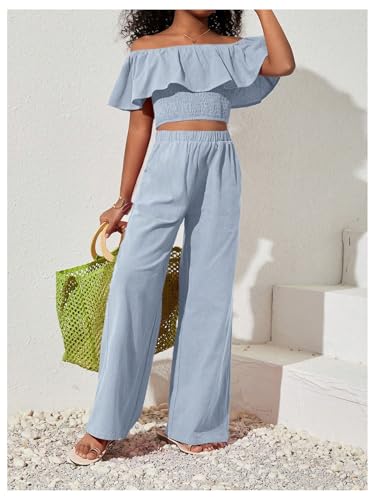 Girl's Off The Shoulder Tops Shirred Ruffle Short Sleeve Slim Fitted Crop Tops4