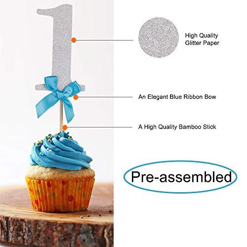 Glitter Silver Number 1 Cupcake Picks With Blue Ribbon Bow Baby Boy First Birthday Cupcake Topper 1St Anniversary Party Cake Topper Decorations, 20 Pcs #TOP4
