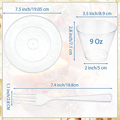 300 Pcs Plastic Dinnerware Set Disposable For Party, 100 Glitter Plastic Plates 7.5 Inch, 100 Plastic Cup 9 Oz, 100 Plastic Dessert Forks, 100 Guest Disposable Dinnerware Set (Silver) #TOP3