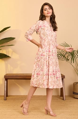 Image of Janasya Women's Light Pink Pure Cotton Floral Printed Tiered Dress