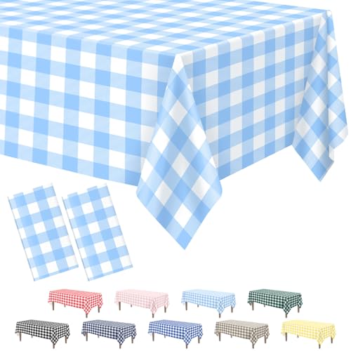 Kopokita 2 Pack Light Blue Gingham Tablecloth Disposable 54 x 108 Inch