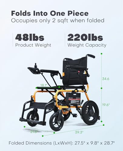Image of Lightweight Electric Wheelchair - Only 48 lbs, Foldable Power Chair for Adults, All-Terrain Motorized Wheelchair with One-Click Mute & SOS Alert Button, Removable Battery, 220 lb Capacity