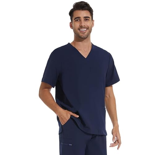 COZY SCRUBS Scrub Top for Men - Stretch V-Neck Scrubs with 3 Pockets, Anti-Wrinkle (Previously COZYFIT) - Navy Blue, S