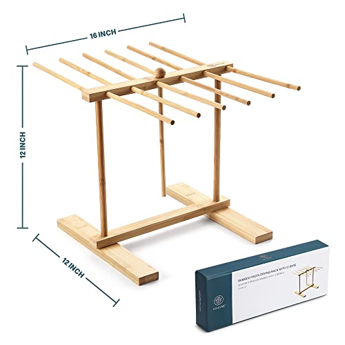 8SOM Bamboo Pasta Drying Rack with Transfer Wand and 12 Bars, Easy to